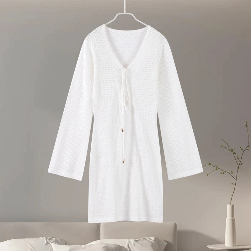 Casual Hollow Out Embroidery Pleated Long Dress Women V-neck Lantern Sleeve Single Breasted Dresses 2025 Summer Lady Chic Robes