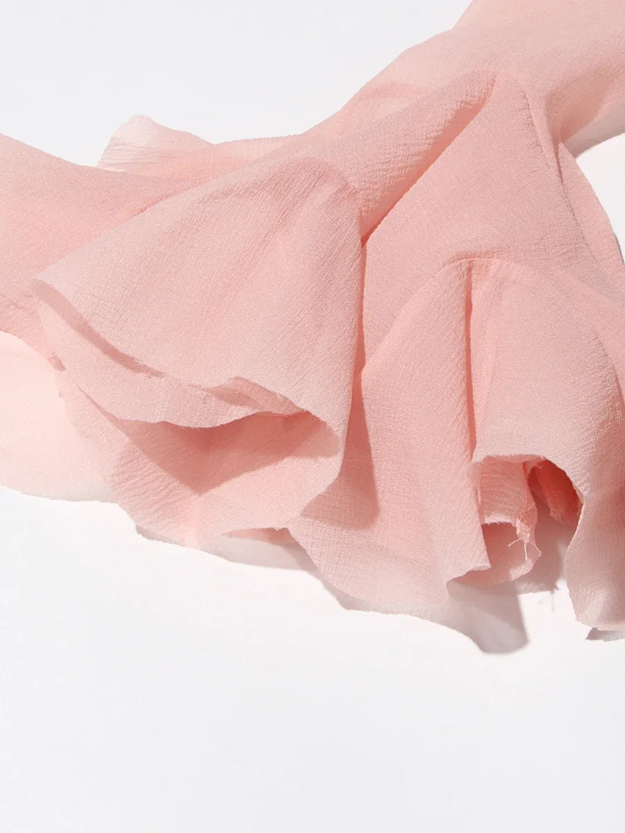 VGH Sweet Ruffles Elegant Knee Length Dresses for Women Round Neck Flare Sleeve High Waist Spliced Button A Line Dress Female