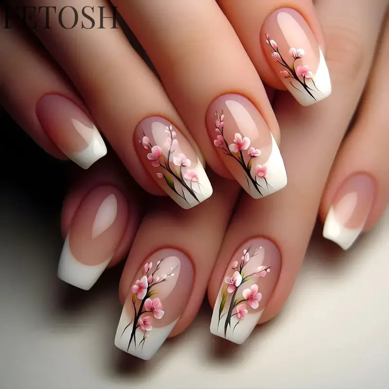 24Pcs Sweet Countryside Flowers False Nails Coffin with Jelly Glue Simple Flower Butterfly French Short Removable Wearable Nails