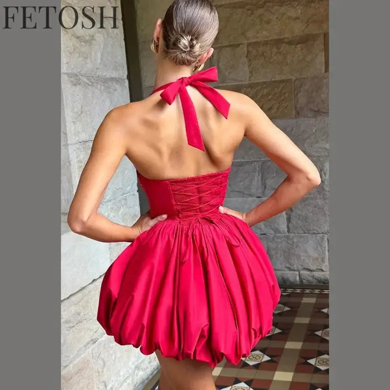 Sexy Lace-up Backless Pleated Halter Mini Dress Women Fashion Off Shoulder Puff Hem A-line Dresses 2025 Summer Lady Partywear