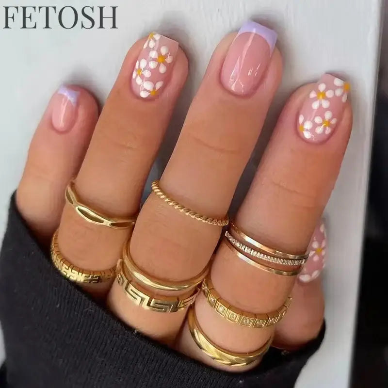 24Pcs Shiny Pearl Wearable False Nails Short Square Fake Nail Simple Summer Press on Nails Detachable Full Cover Nail Tips