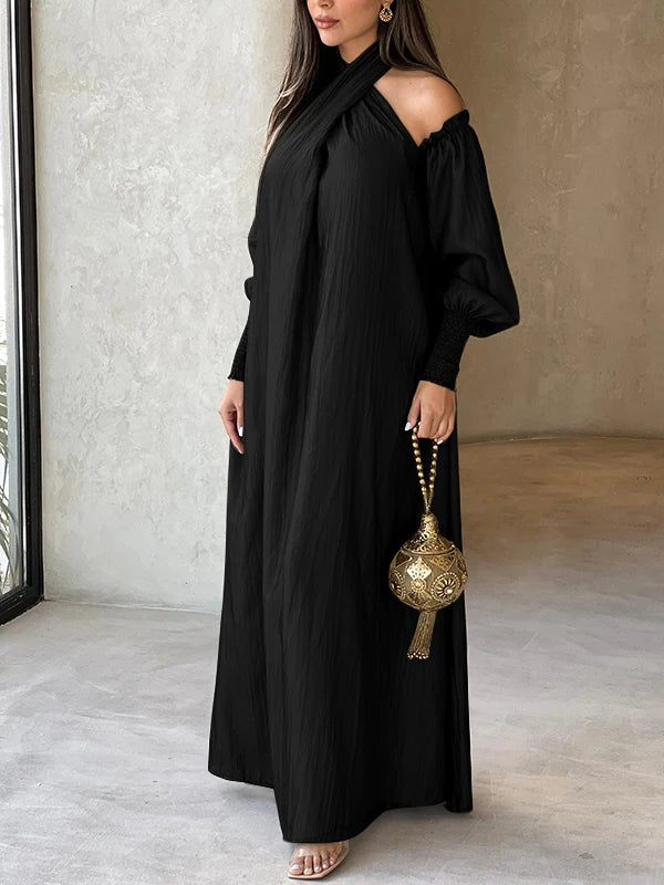 Modigirl American Retro Halter-neck Loose Dress Cold Shoulder Puff Sleeves H-line Maxi Dress 2025 New Elegant Evening Dresses