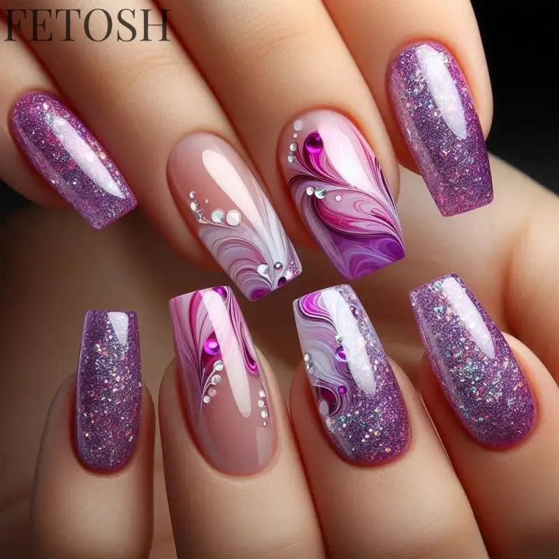 24Pcs Medium Short Square False Nails Glittering Nail Art White Wearable Fake Nail Silver French Full Cover Press on Nail Tips
