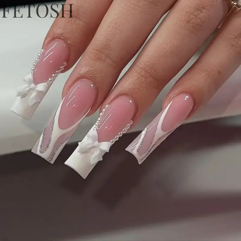 24Pcs 3D Long Ballet False Nails White Coffin Wave with French Design Wearable Fake Nails Gold Line Full Cover Press on Nails