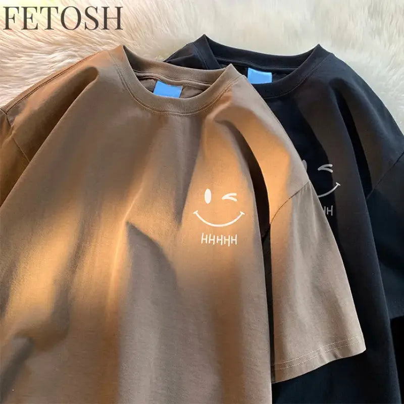 Men Women's Smiling Face Funny Fashion Couple Short Sleeved T-shirt American Basic Simple Oversized Loose Boys' Pullover Top