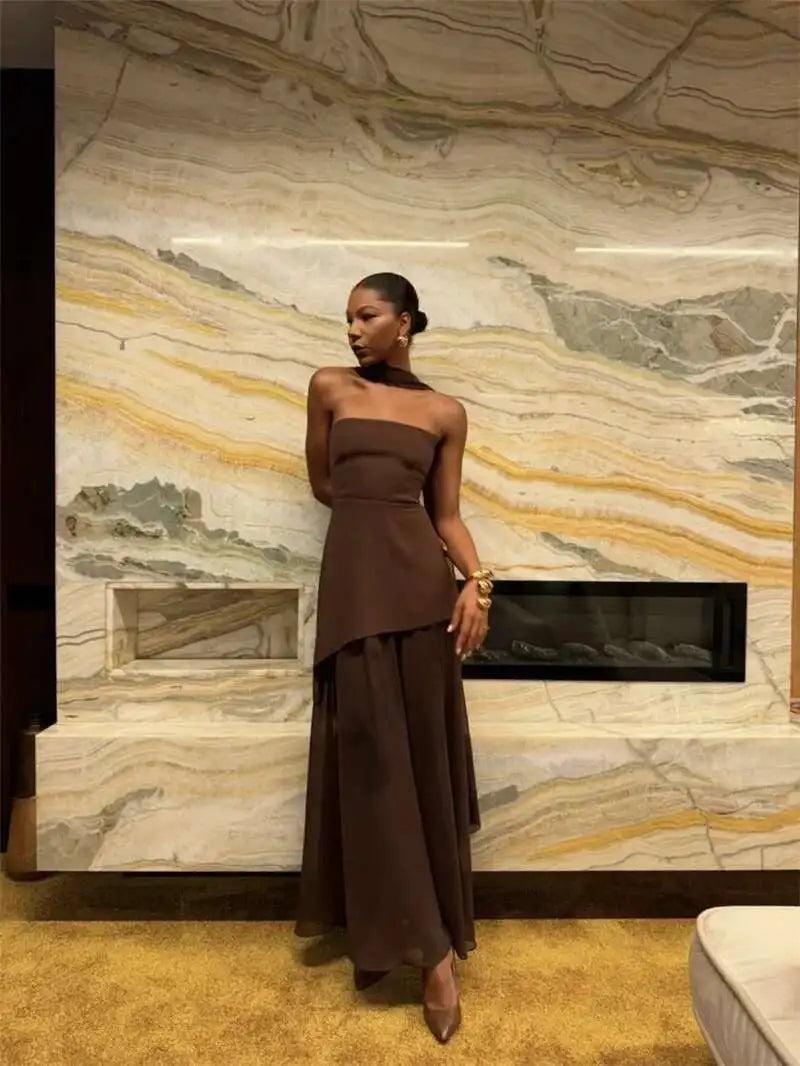 Mozision Elegant Strapless Sexy Maxi Dress For Women Gown With Scarf Off-shoulder Sleeveless Backless Split Beach Long Dress