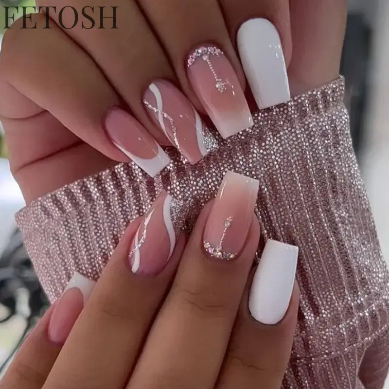 24Pcs Shiny Pearl Wearable False Nails Short Square Fake Nail Simple Summer Press on Nails Detachable Full Cover Nail Tips
