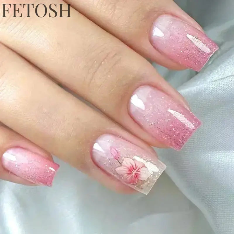 24Pcs Medium Short Square False Nails Glittering Nail Art White Wearable Fake Nail Silver French Full Cover Press on Nail Tips