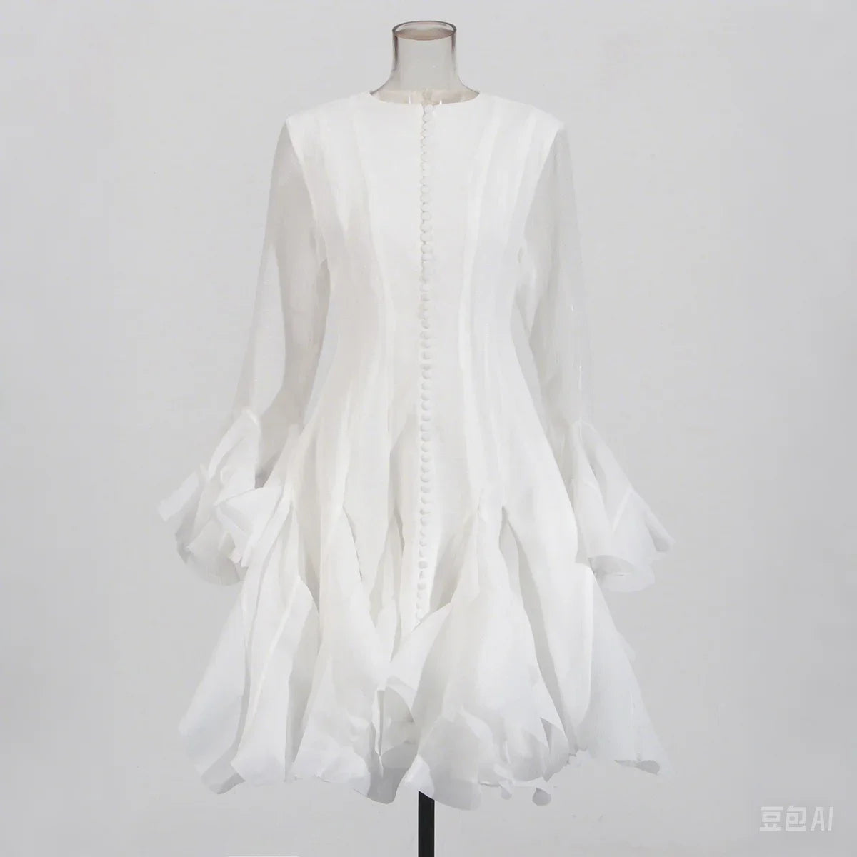 VGH Sweet Ruffles Elegant Knee Length Dresses for Women Round Neck Flare Sleeve High Waist Spliced Button A Line Dress Female