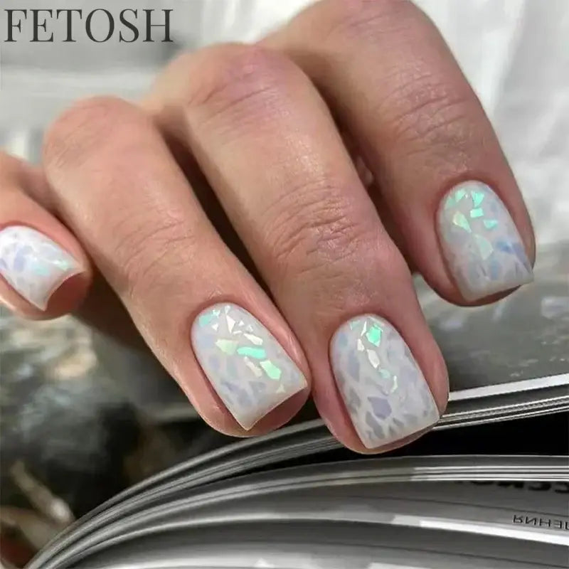 24Pcs Shiny Pearl Wearable False Nails Short Square Fake Nail Simple Summer Press on Nails Detachable Full Cover Nail Tips