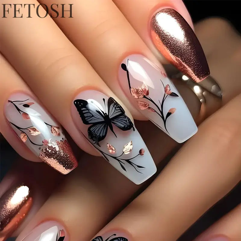 24Pcs Sweet Countryside Flowers False Nails Coffin with Jelly Glue Simple Flower Butterfly French Short Removable Wearable Nails