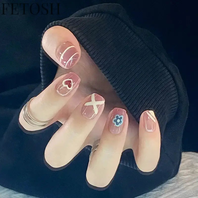 24pcs Short Cute False Nails Polka Dot Star Design Fake Nails Full Coverage Waterproof Removable Artificial Press on Nails