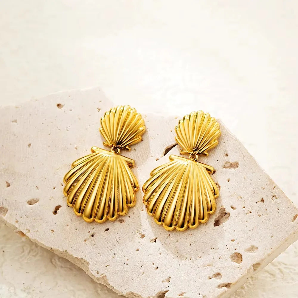 Punk Gold Plated Texture Stainless Steel Snail Conch Shell Earrings for Women Zircon Starfish Earring Summer Beach Jewelry Gifts