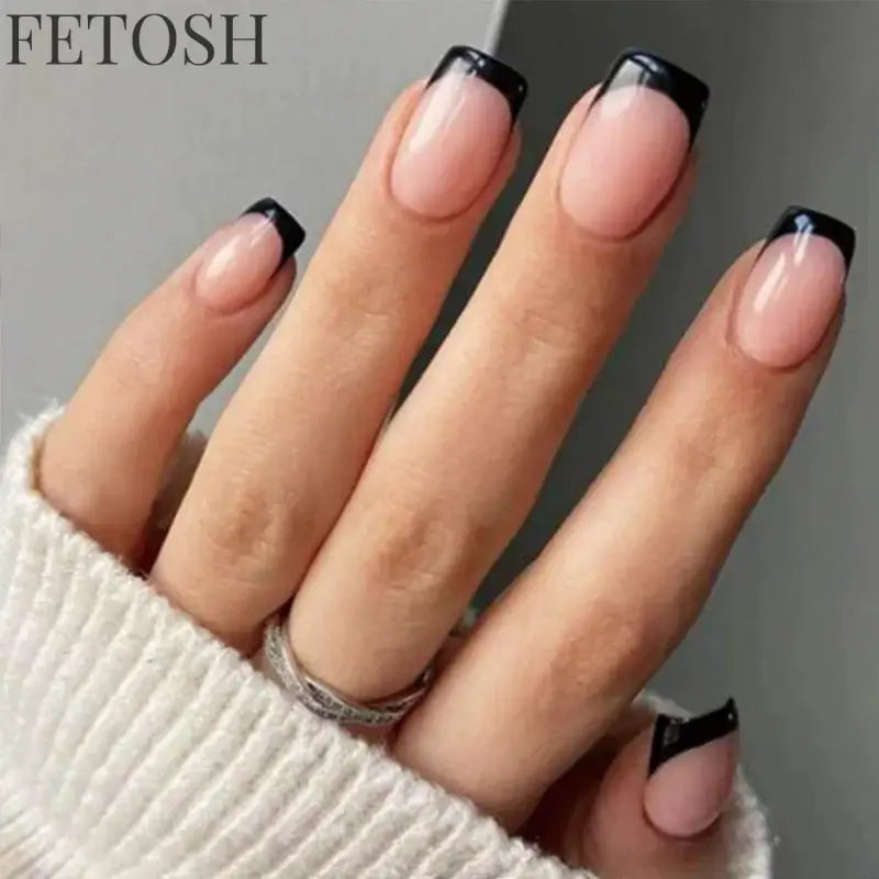 24Pcs Simple Square Head Fake Nail with Jelly Glue Pink White Gradient French Press on False Nails Short Full Cover Nail Tips