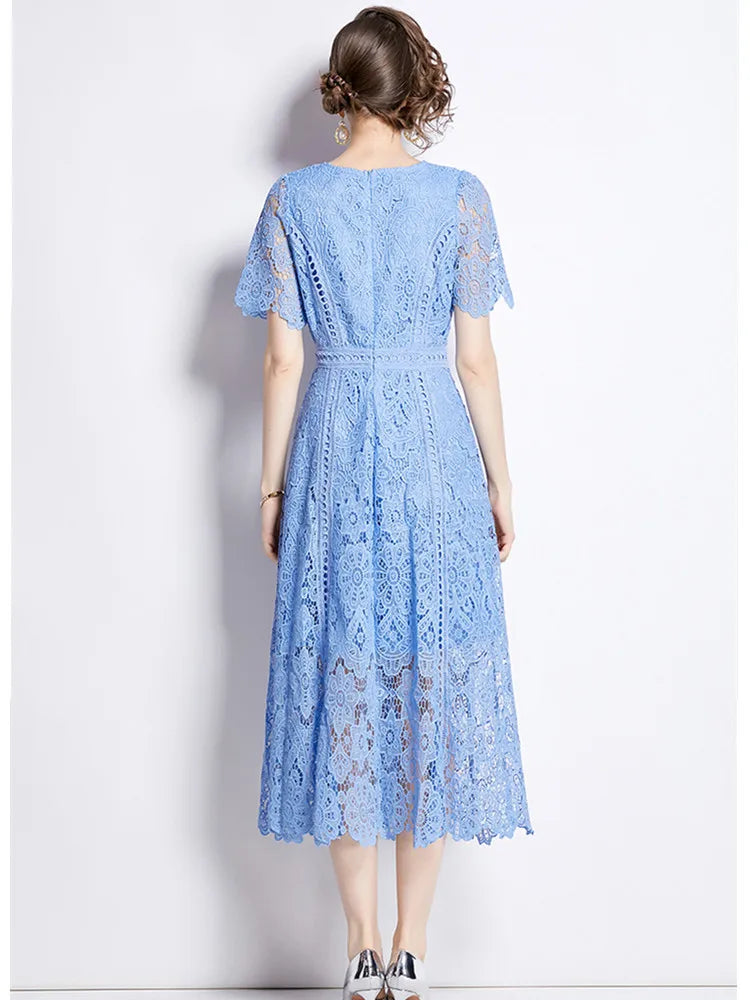 JAMERARY Vintage Holiday Lace Hollow Out Prom Dress For Women's Summer Slim Elegant Short Sleeve Long Dress Female Clothing