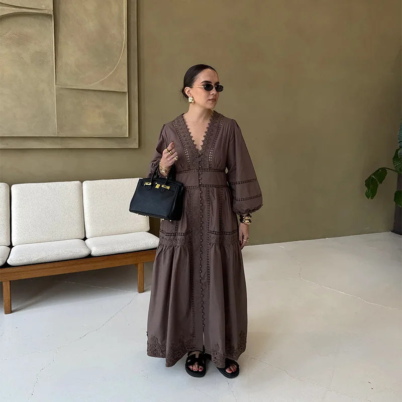 Casual Hollow Out Embroidery Pleated Long Dress Women V-neck Lantern Sleeve Single Breasted Dresses 2025 Summer Lady Chic Robes