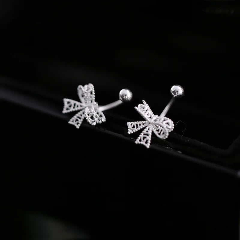Real 925 Sterling Silver Lace Heart Hollow Bow Screw Buckle Puncture Stud Earrings for Women Fine Jewelry Minimalist Accessories