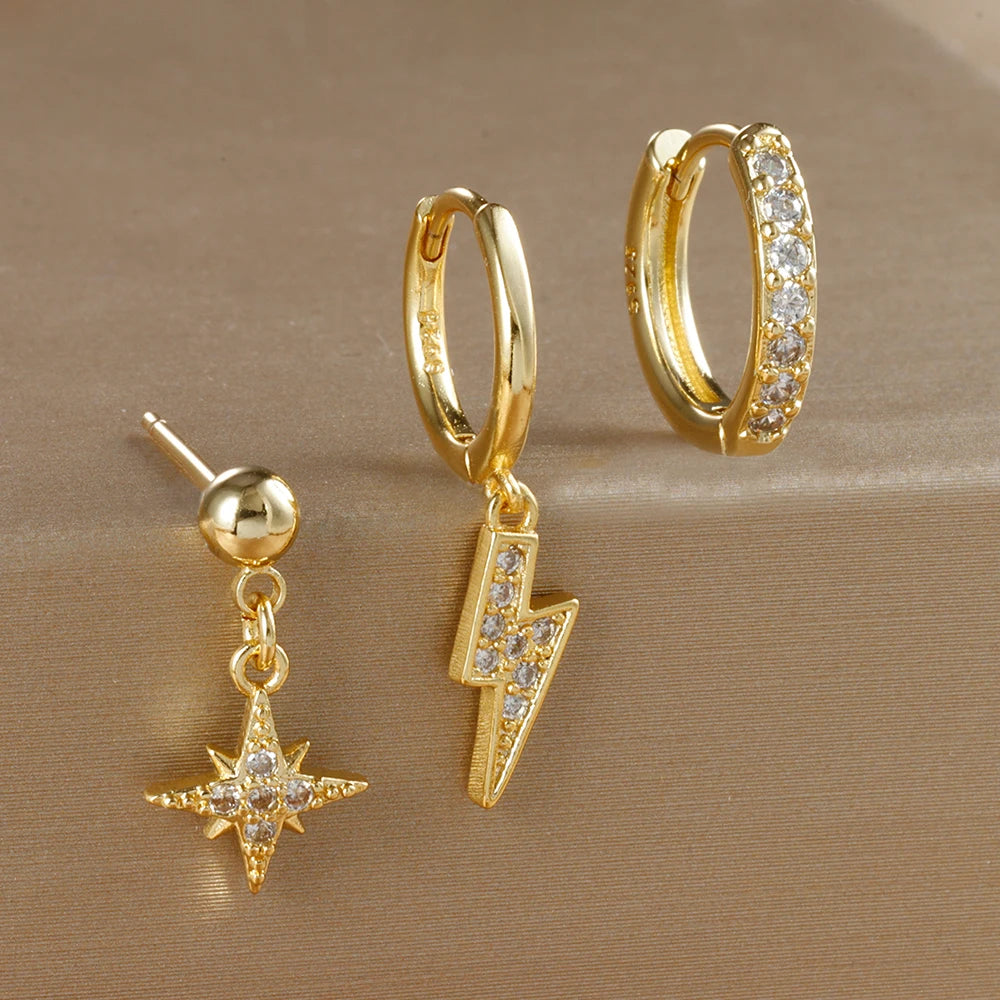 3PCS Luxury Star Pendant Piercing Earrings Set For Women Stainless Steel Zircon Punk Ear Studs Earring Lady Jewelry aretes