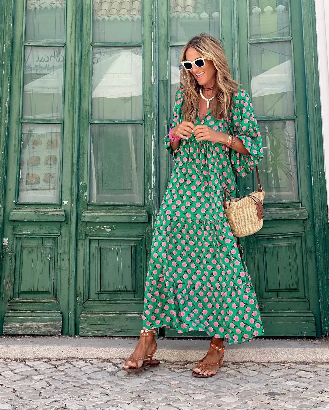 Women Puff Sleeve Boho Maxi Dress Vintage Elegant Fashion Casual Print Floral V-Neck Loose Ladies Holiday Beach Party Vestidos