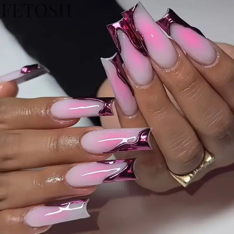 24Pcs 3D Long Ballet False Nails White Coffin Wave with French Design Wearable Fake Nails Gold Line Full Cover Press on Nails