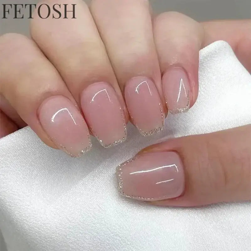 24Pcs Medium Short Square False Nails Glittering Nail Art White Wearable Fake Nail Silver French Full Cover Press on Nail Tips