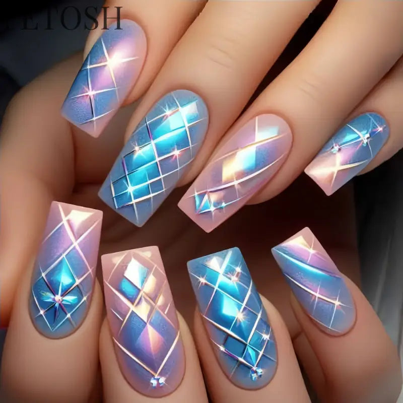 24Pcs Dark Blue Glossy Press on Nails Square False Nail with Glue Color Blending Acrylic Fake Nails Wearable Full Cover Nail Tip