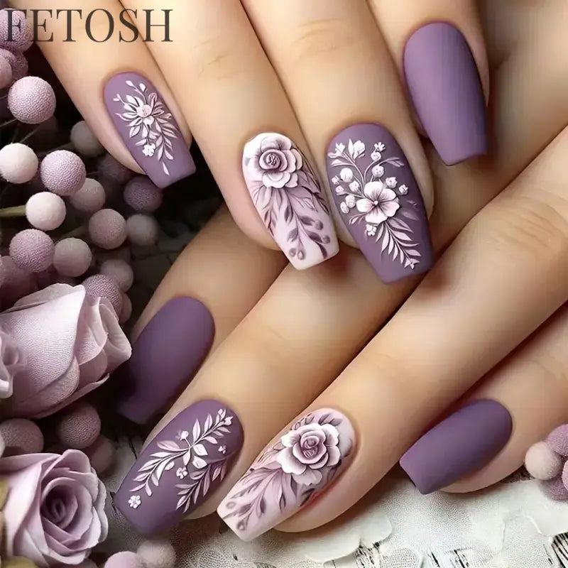 24Pcs Sweet Countryside Flowers False Nails Coffin with Jelly Glue Simple Flower Butterfly French Short Removable Wearable Nails