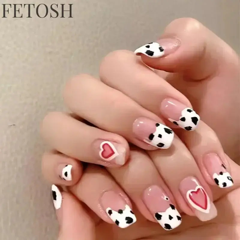 24pcs Short Cute False Nails Polka Dot Star Design Fake Nails Full Coverage Waterproof Removable Artificial Press on Nails
