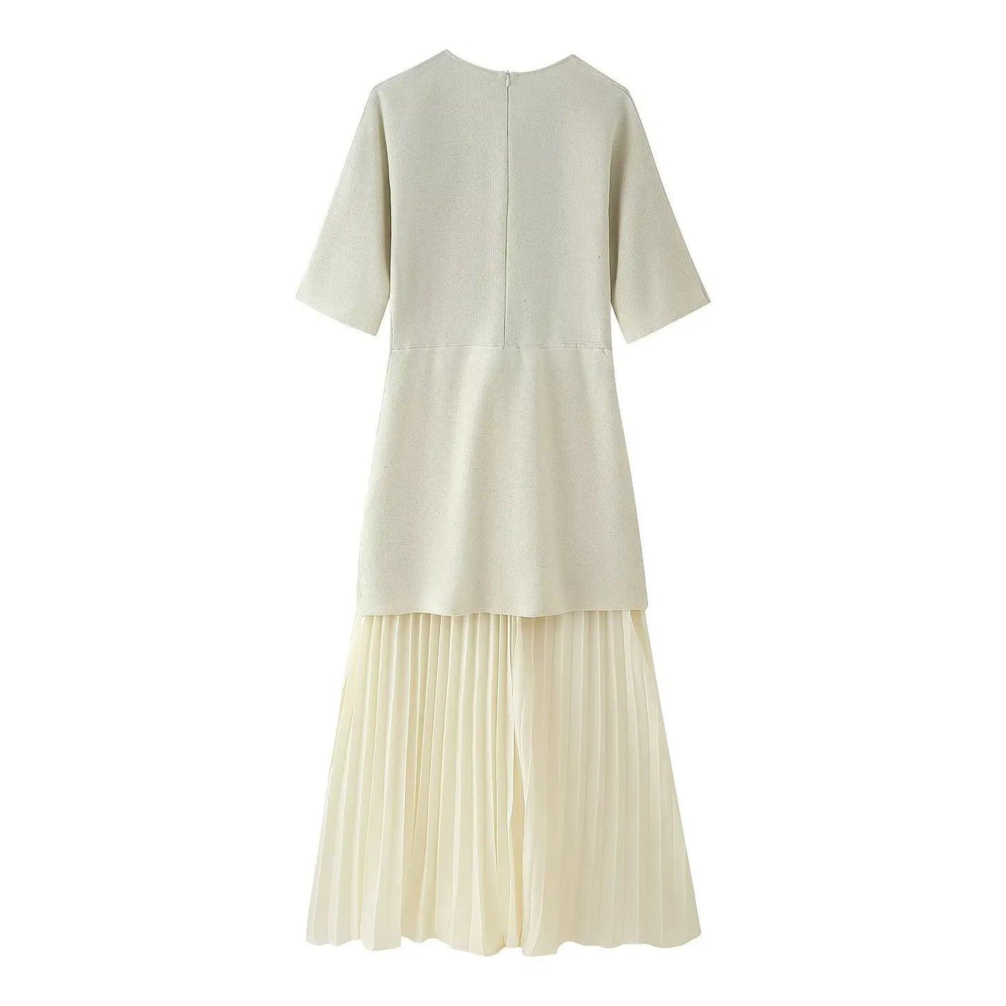 TRAFZA Women Elegant Half Sleeves O-Collar Pleated Dress Spring Woman Rear Zipper Splicing Vintage Casual Knitted Long Dress