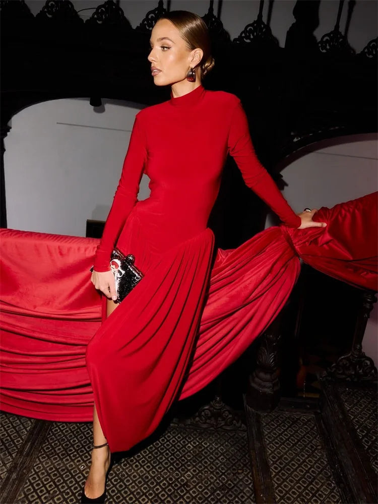 Tossy Backless Pleated Skinny Mini Dress Fashion Long Sleeve High Waist Patchwork Solid Elegant Party Dress Women Bandage Dress
