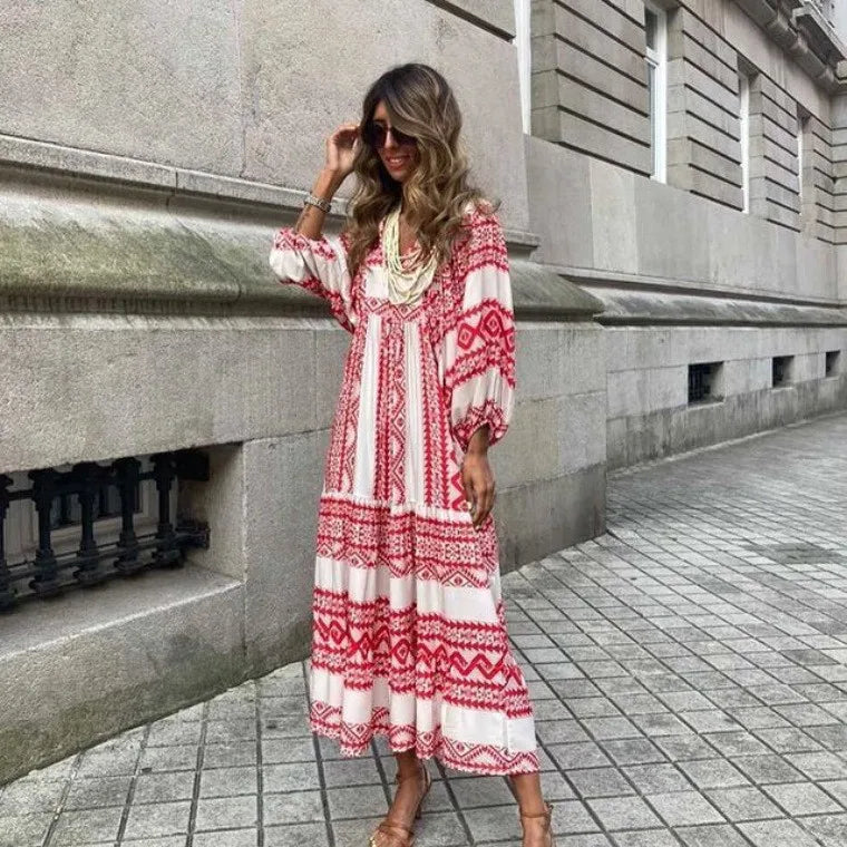 Women Puff Sleeve Boho Maxi Dress Vintage Elegant Fashion Casual Print Floral V-Neck Loose Ladies Holiday Beach Party Vestidos