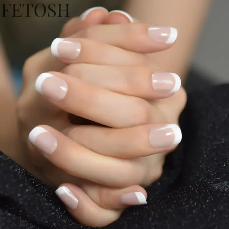 Classical Normal Size French Nail Nude White Tip Glossy Press On Fingernals for daily with glue sticker 24