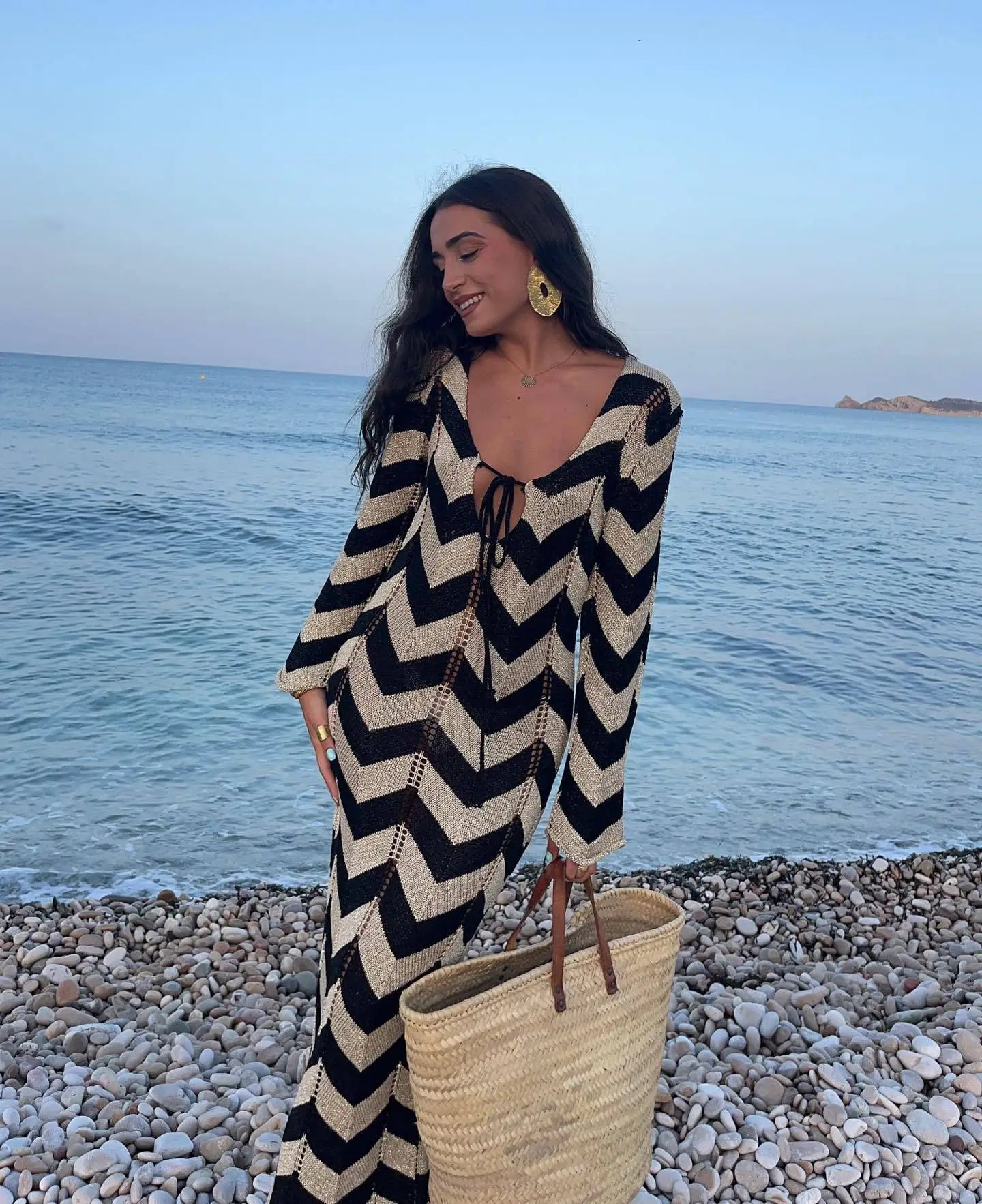 DSMTRC Women's Stripled Long Sleeve Slim Elegant Knitted Maxi Dress V Neck Autumn New Lace Up Hollow Sexy Beach Cover Up Dress