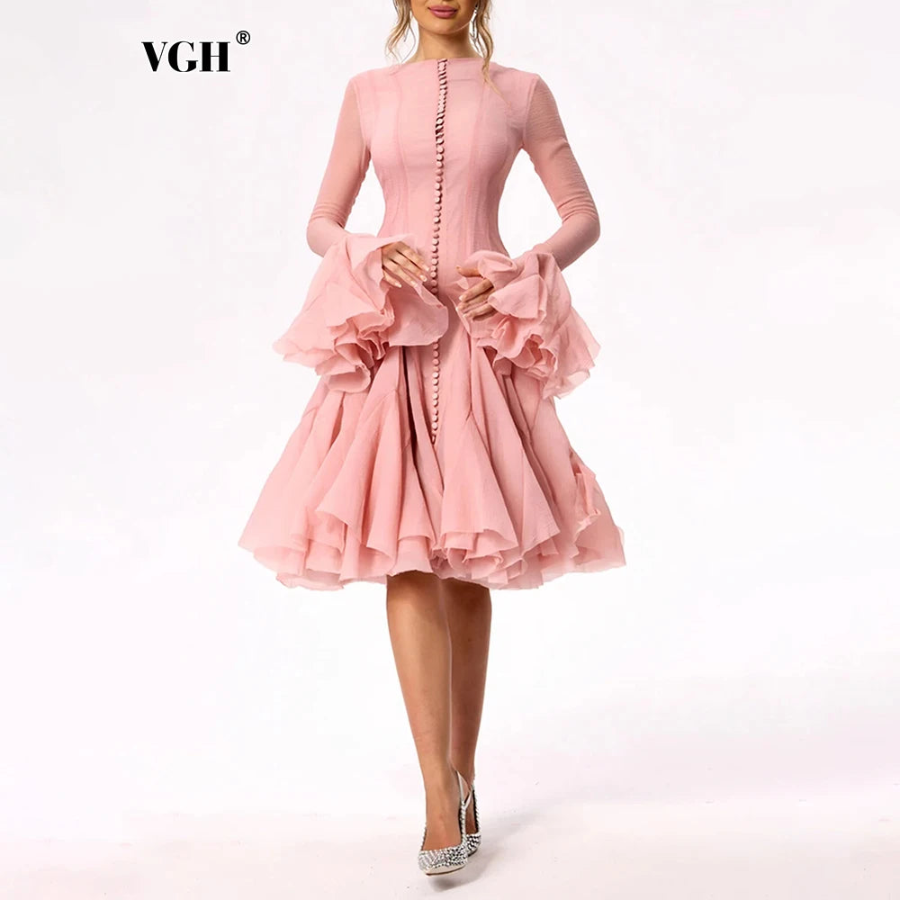 VGH Sweet Ruffles Elegant Knee Length Dresses for Women Round Neck Flare Sleeve High Waist Spliced Button A Line Dress Female