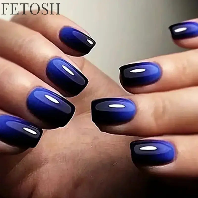24Pcs Blue False Nails Gradient with French Design Wearable Fake Nails Gradient Short Coffin Full Cover Press on Nail Tips Art
