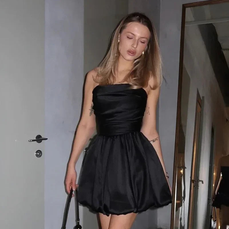 Trendix Sexy Bandeau Mini Dress Women Off Shoulder Sleeveless Pleated High Waist Dresses Ladies Party Elegant Fashion Dress 2024