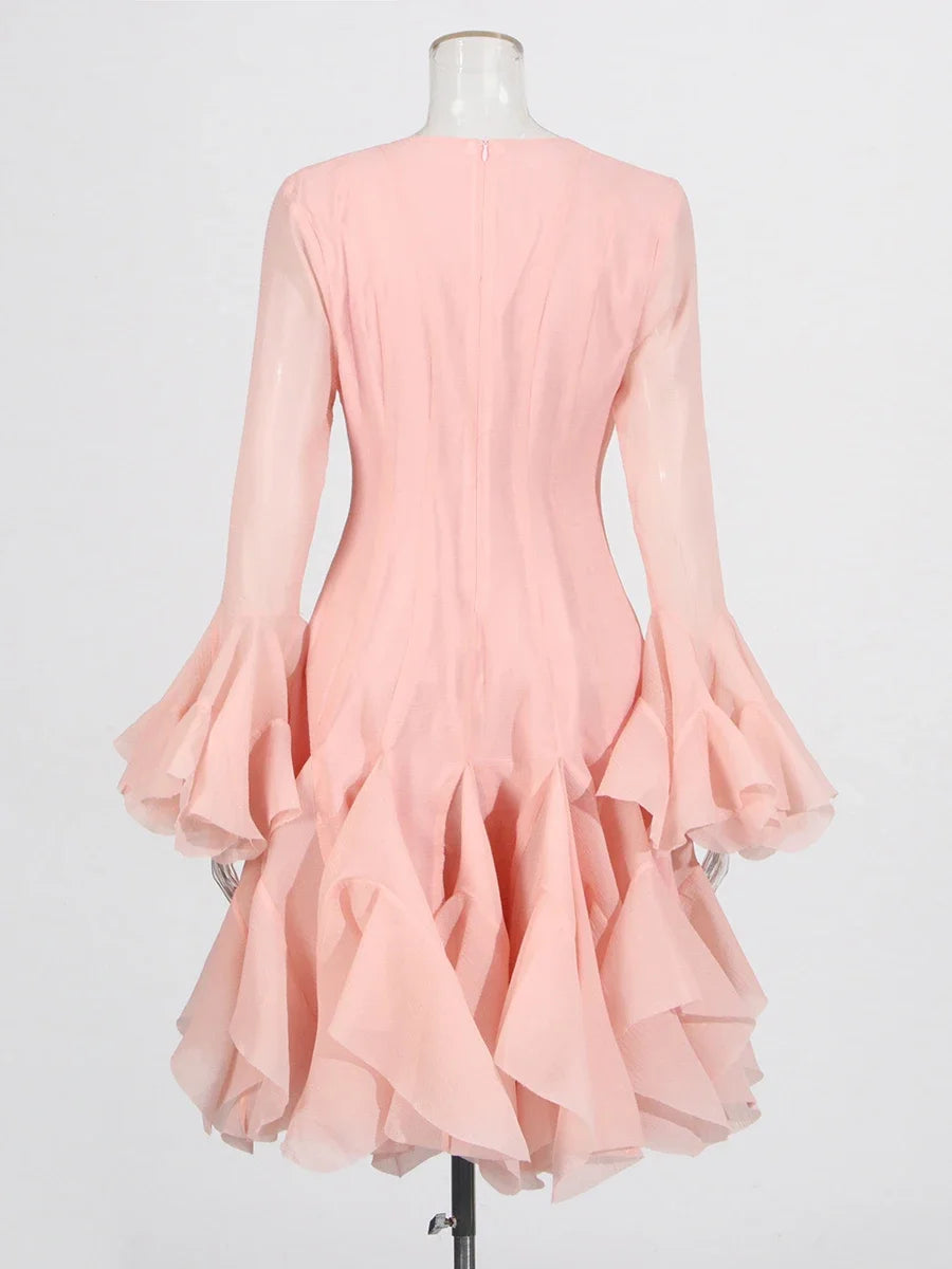 VGH Sweet Ruffles Elegant Knee Length Dresses for Women Round Neck Flare Sleeve High Waist Spliced Button A Line Dress Female