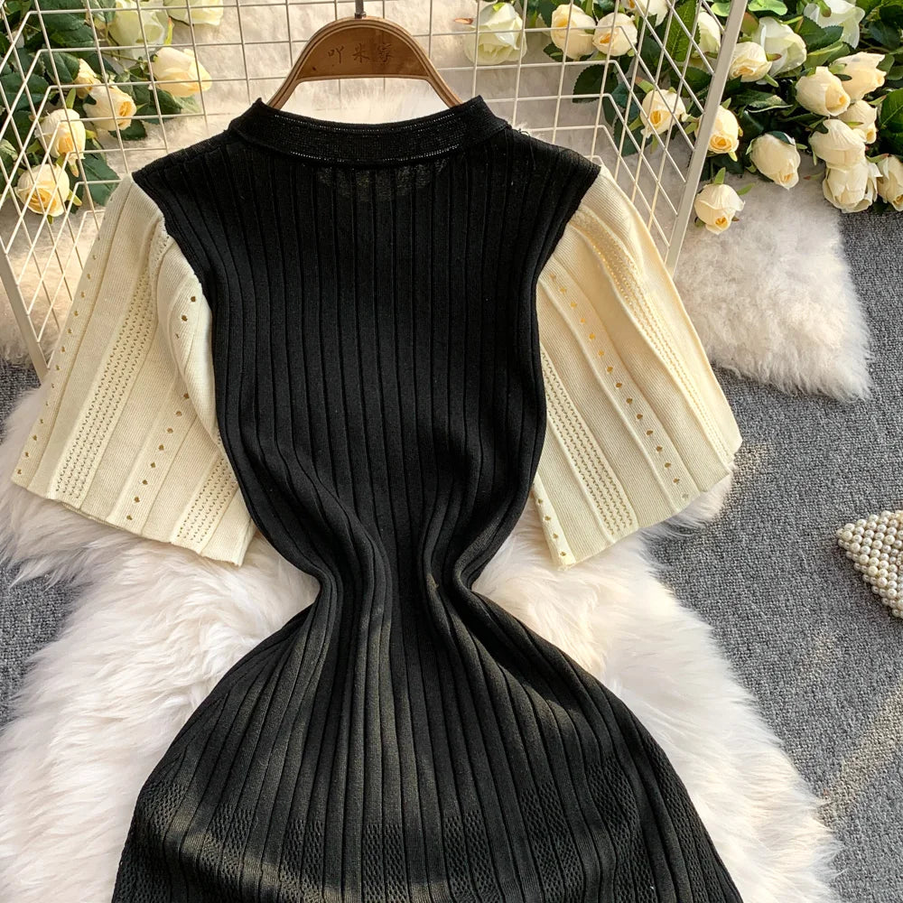 YuooMuoo Women Dress 2025 Spring and Summer Elegant Patchwork One-Piece Knitted Maxi Dress Office Lady Slim Waist Sweater Dress