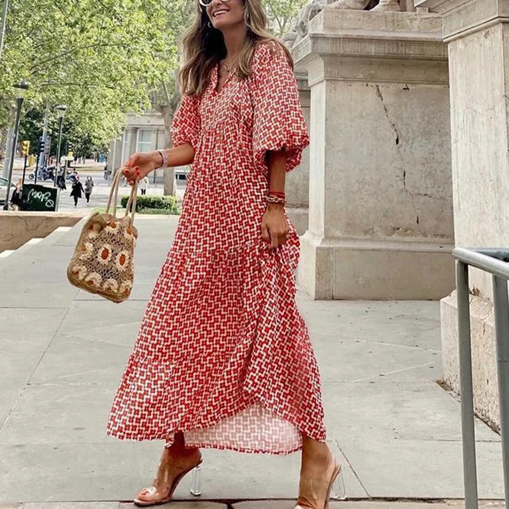 Women Puff Sleeve Boho Maxi Dress Vintage Elegant Fashion Casual Print Floral V-Neck Loose Ladies Holiday Beach Party Vestidos