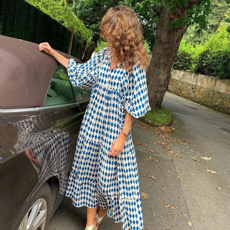 Women Puff Sleeve Boho Maxi Dress Vintage Elegant Fashion Casual Print Floral V-Neck Loose Ladies Holiday Beach Party Vestidos