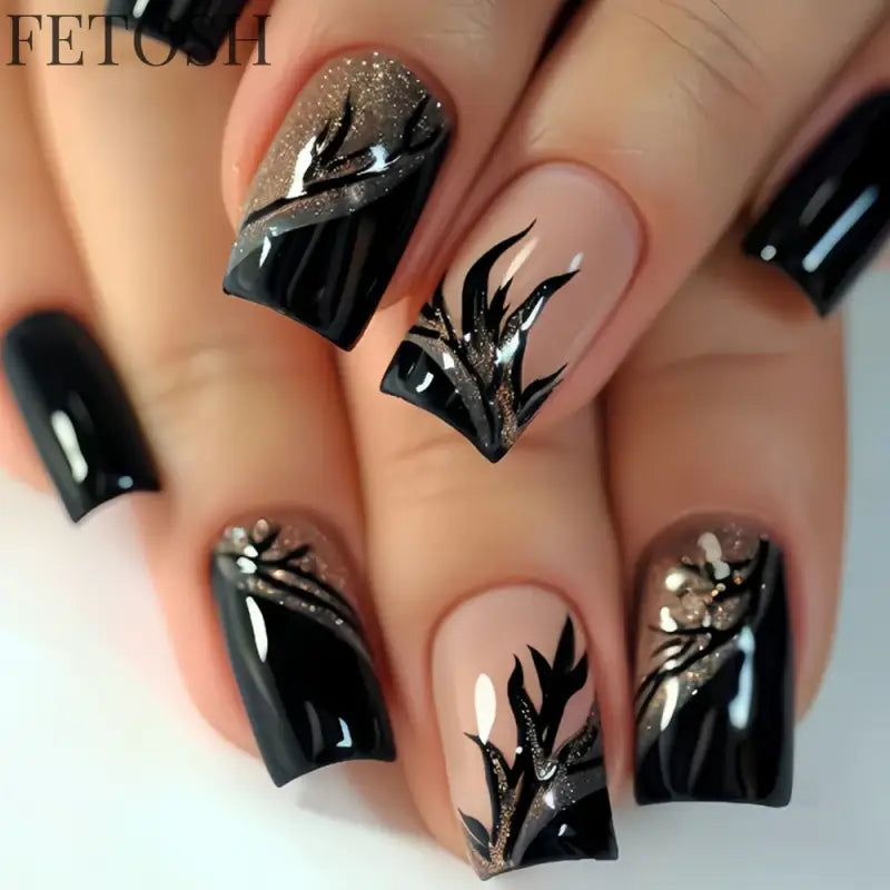 24Pcs Glossy Square Fake Nails Set Gold Powder Full Cover French False Nails Glitter Vintage Press on Acrylic Nail Manicure Tips