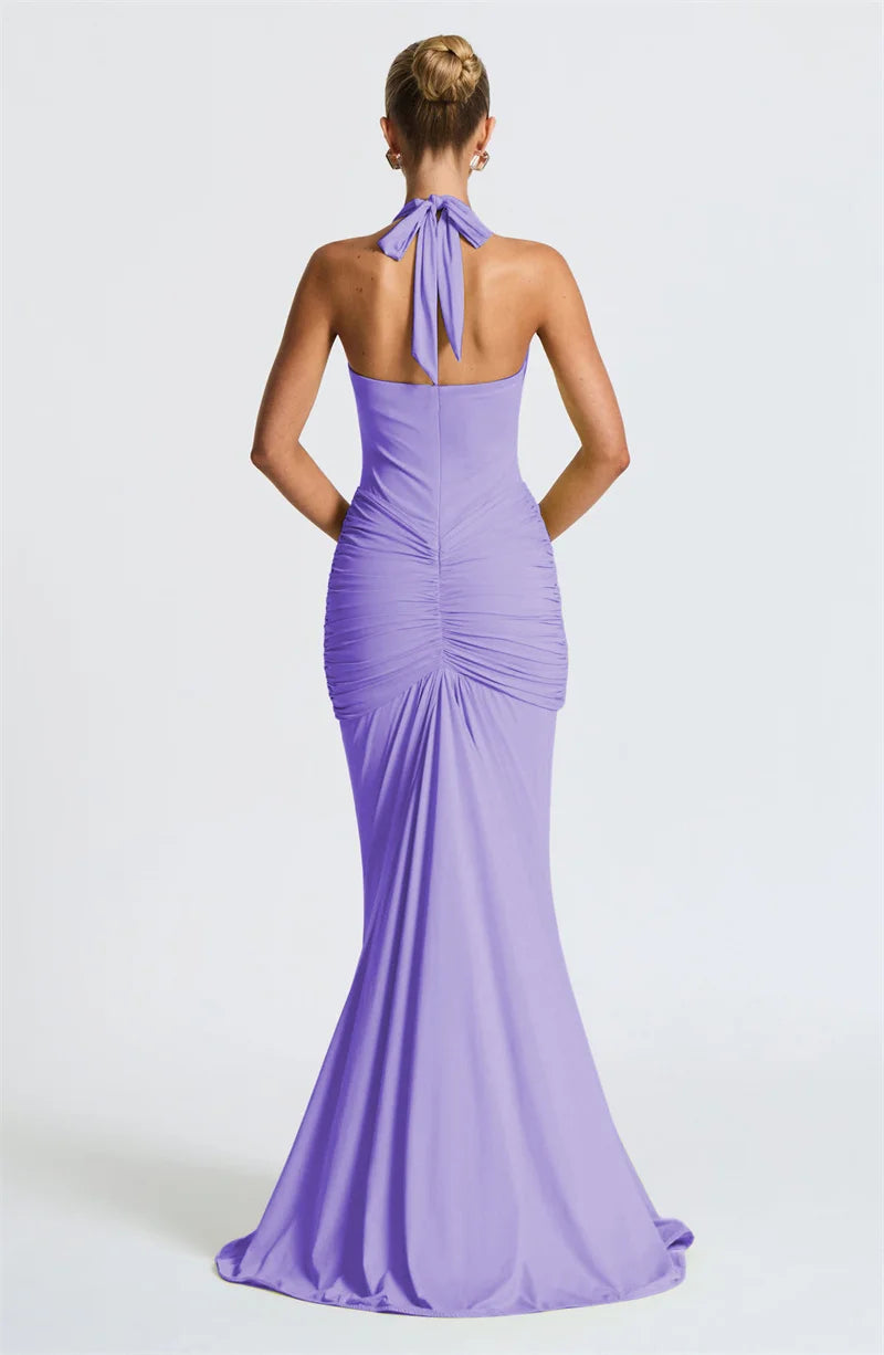 Mozision Deep V Neck Backless Ruched Sexy Maxi Dress Women Gown Summer Halter Sleeveless Draped Club Party Long Dress 2025