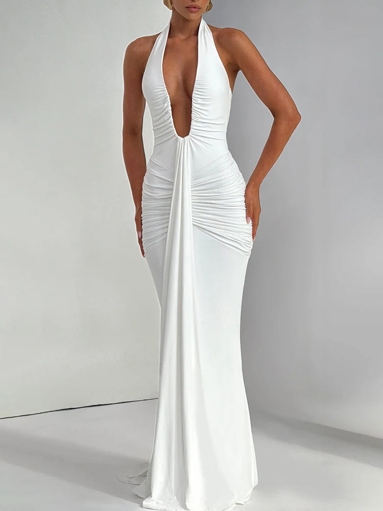 Mozision Deep V Neck Backless Ruched Sexy Maxi Dress Women Gown Summer Halter Sleeveless Draped Club Party Long Dress 2025