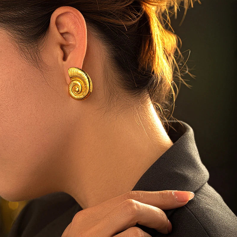 Vintage Stainless Steel Gold Plated Texture Snail Conch Shell Earrings for Women CZ Zircon Starfish Earring Beach Jewelry Gifts