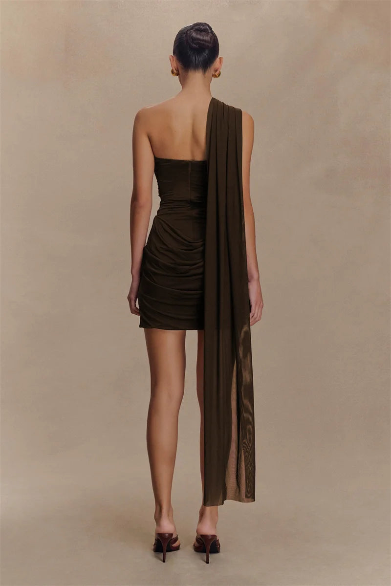 Mozision One Shoulder Backless Sexy Mini Dress Women Fashion Off-shoulder Sleeveless Backless Draped Ruched Bodycon Club Dress