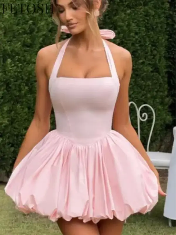 Sexy Lace-up Backless Pleated Halter Mini Dress Women Fashion Off Shoulder Puff Hem A-line Dresses 2025 Summer Lady Partywear