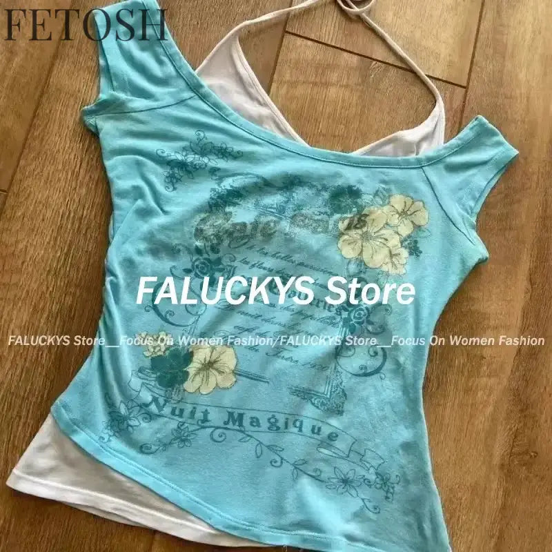 Y2K Retro Street Print T-shirt Fashion Streetwear Halter Neck Fake Two Piece Harajuku 2024 Summer Casual T-Shirt Women Clothes