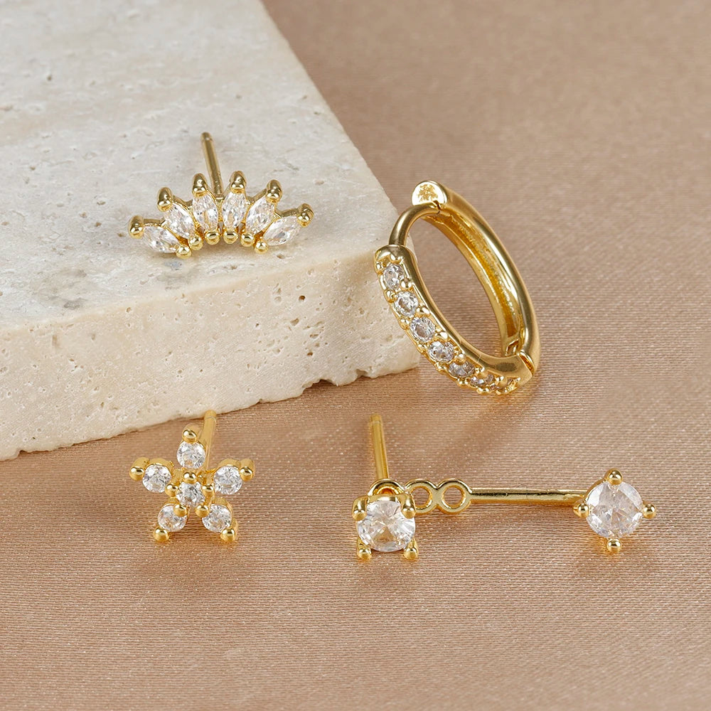 4PCS Stainless Steel Circle Huggie Hoop Earrings Set for Women Gold Color Unique Zircon Flower Stud Earring Piercing Jewelry