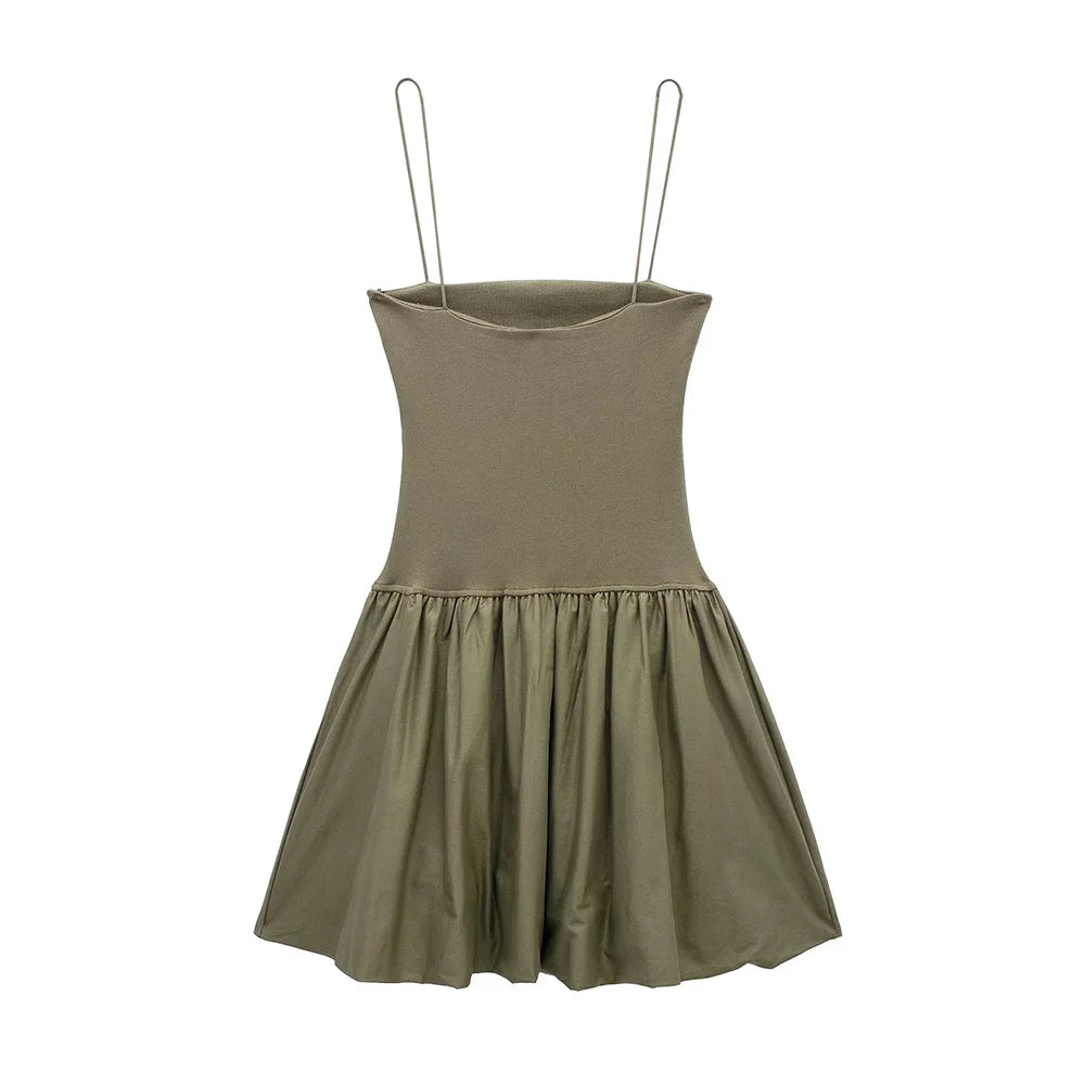 TRZA-Women's Patchwork Ribbed Poplin Puff Mini Dress, Straight Neck, Thin Straps, Female Dresses, Sexy Fashion