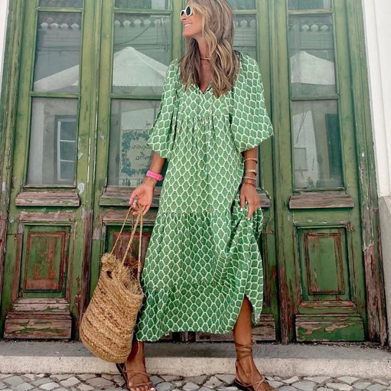 Women Puff Sleeve Boho Maxi Dress Vintage Elegant Fashion Casual Print Floral V-Neck Loose Ladies Holiday Beach Party Vestidos